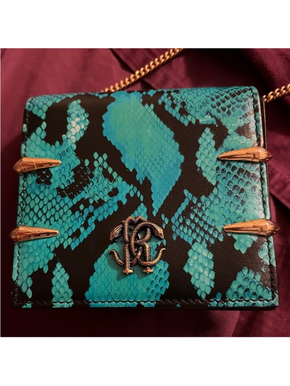 Roberto Cavalli Brand Turquoise Snake-Print Crossbody Bag with Gold Hardware